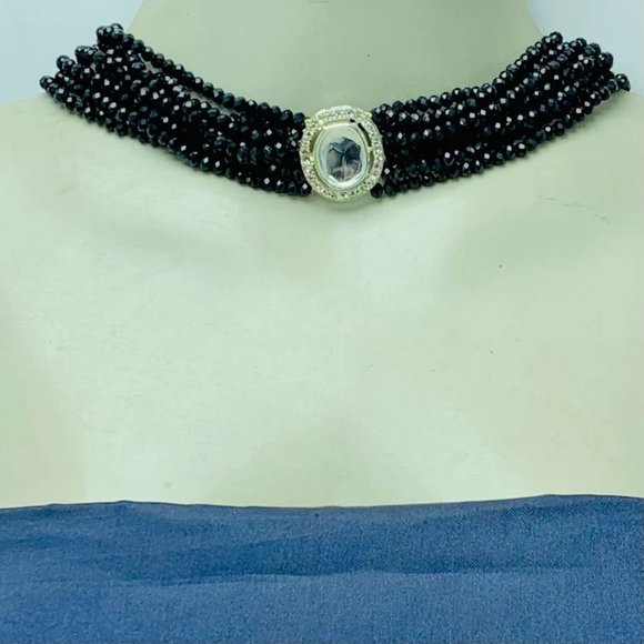 Black Beaded Necklace, Handmade Black Beaded Multilayered Choker Necklace - Picture 1 of 8